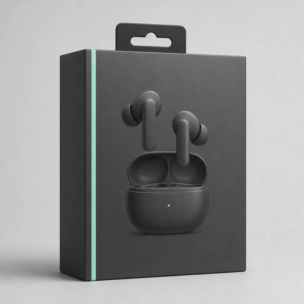 Aura wireless earbuds retail box, matte graphite with a mint accent