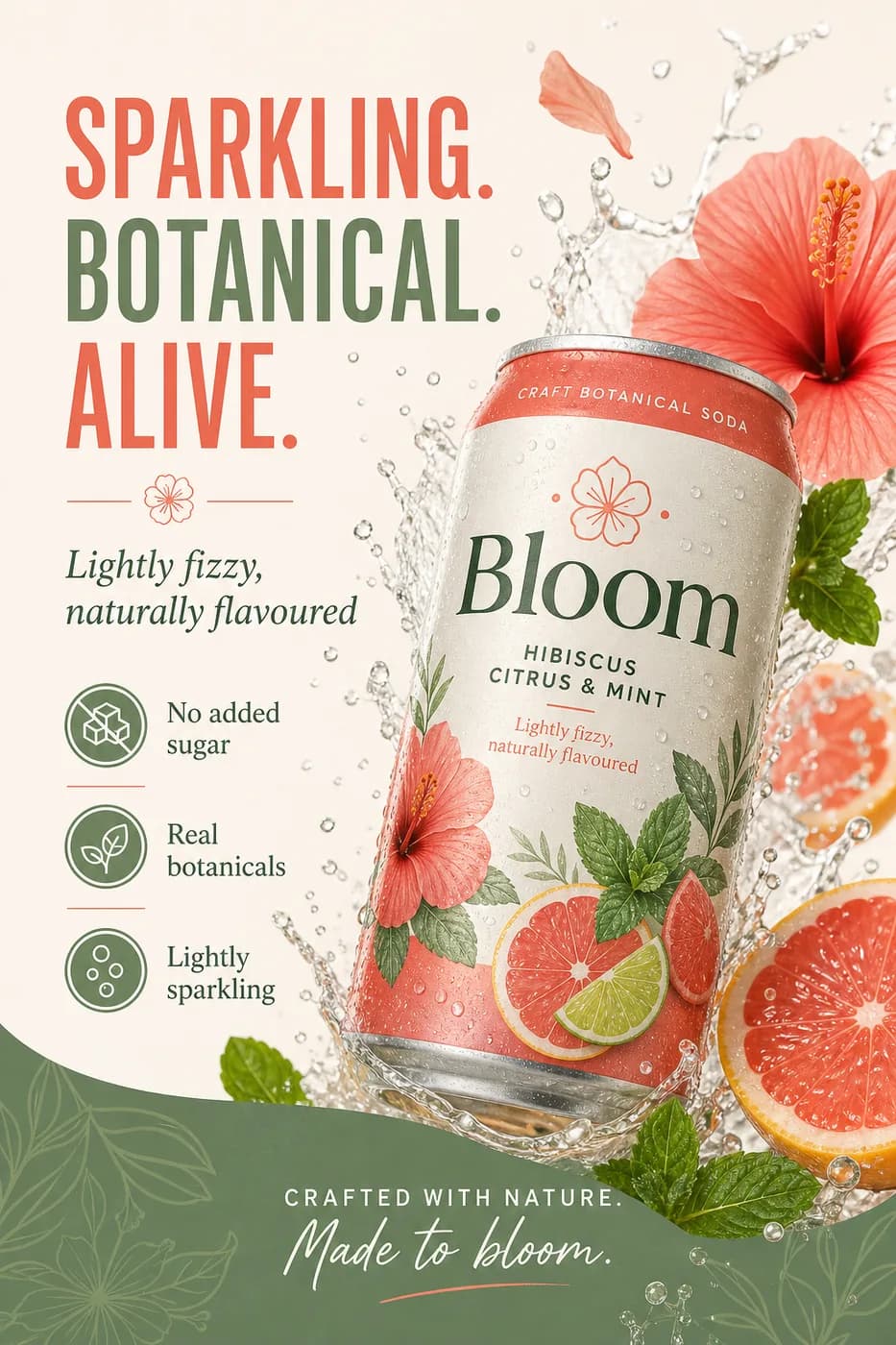 Bloom 'Sparkling. Botanical. Alive.' finished social post with headline and benefit icons
