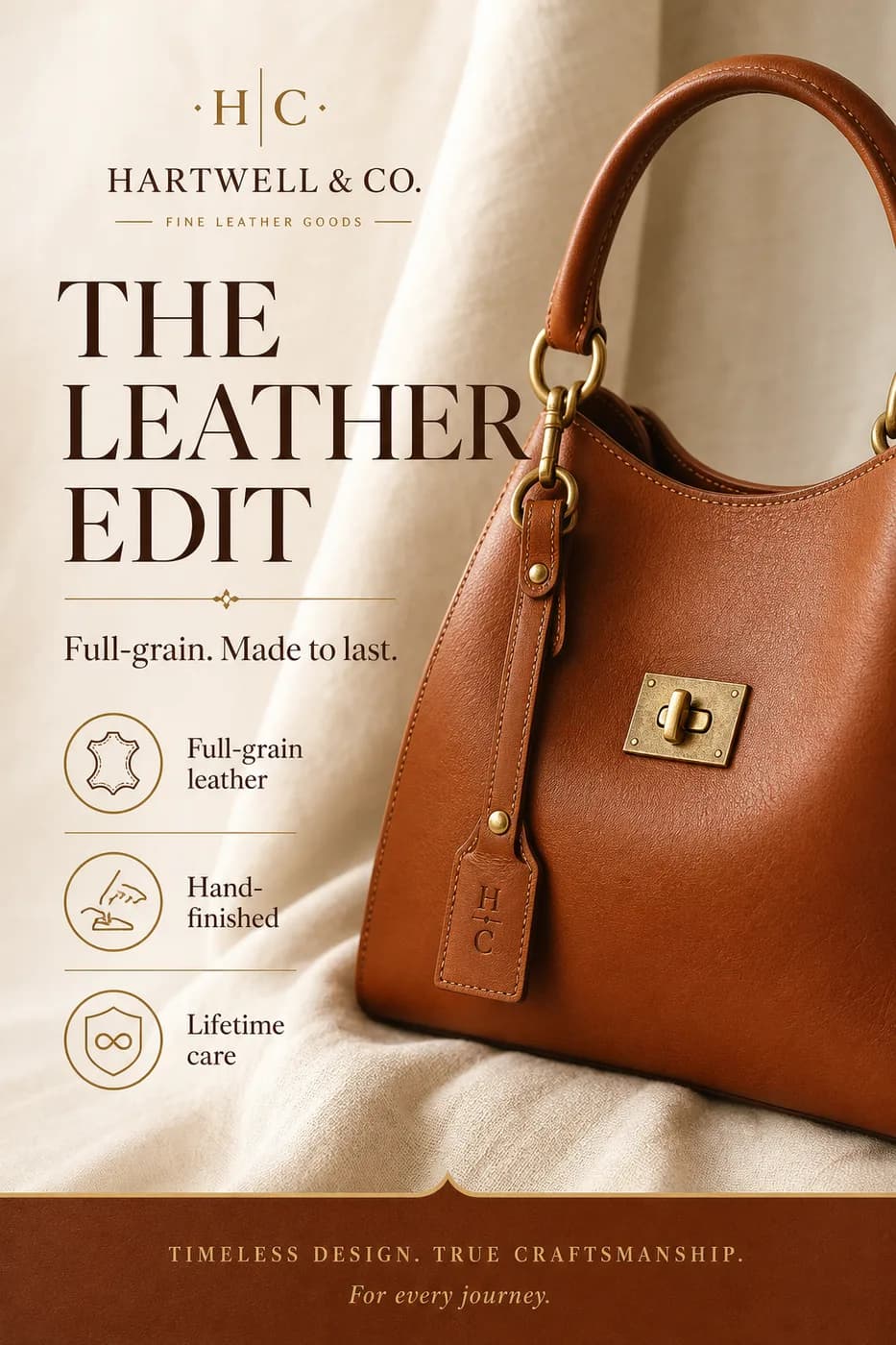 Hartwell & Co. 'The Leather Edit' finished social post with headline and benefit icons
