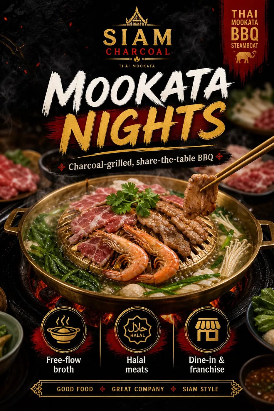 Siam Charcoal 'Mookata Nights' finished social post with headline, tagline and benefit icons