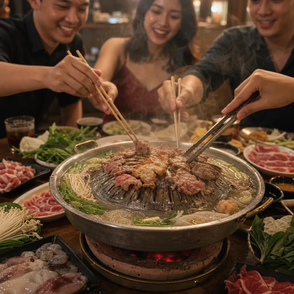 Friends gathered around a Siam Charcoal mookata grill at a cozy table