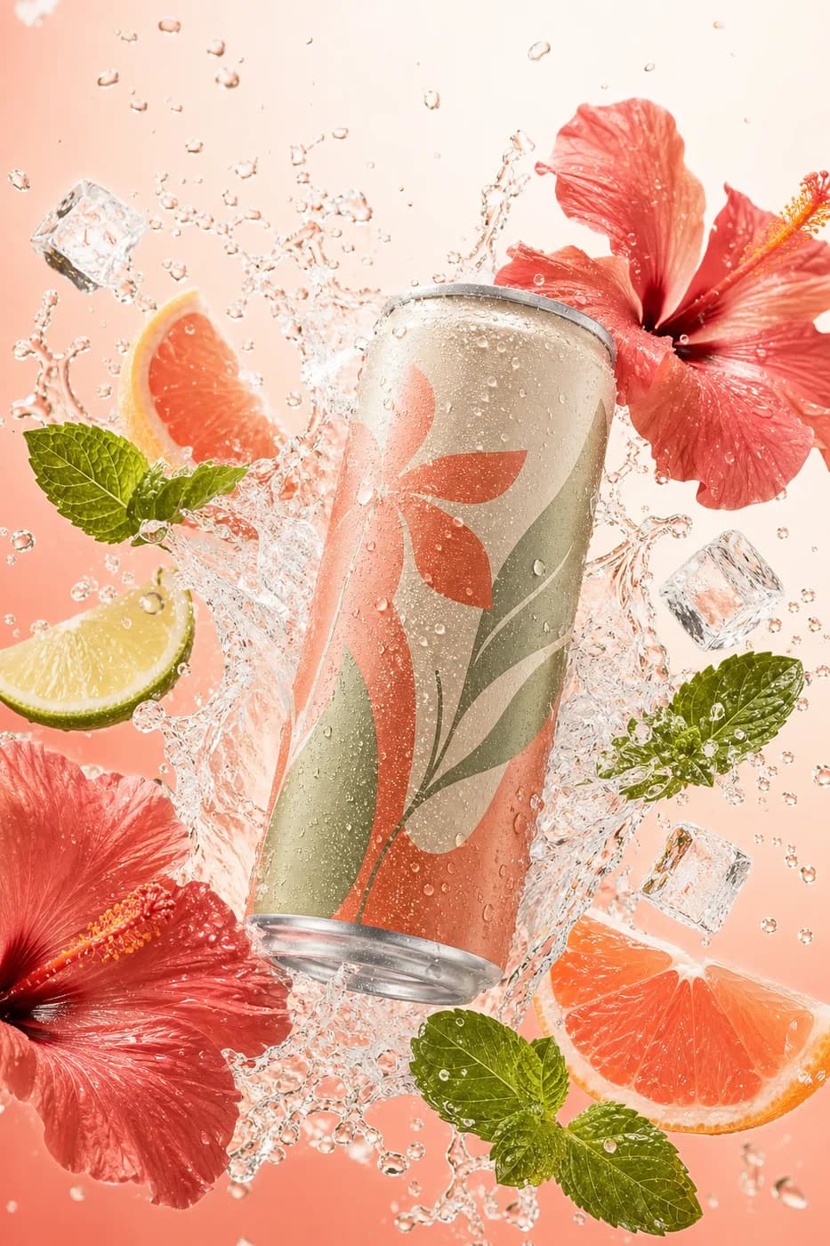 Bloom sparkling botanical soda can mid-splash with hibiscus, citrus and mint